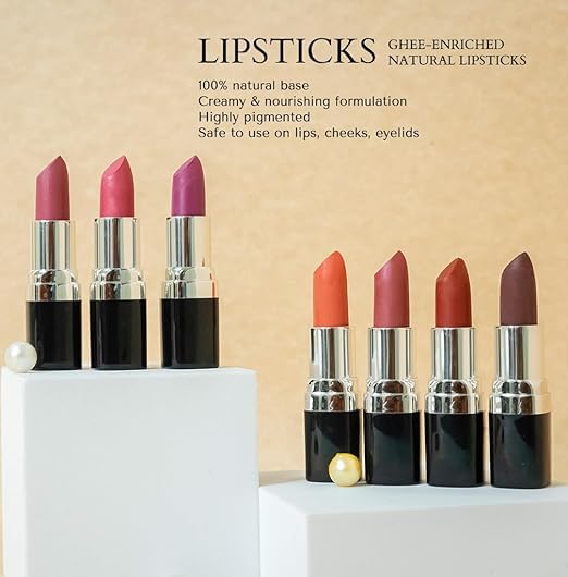 Barva Natural & Moisturising Lipsticks made using Pure Ghee, Kokum butter and Mineral Colours, 4.3g (Glory + Fuchsia + Passion)