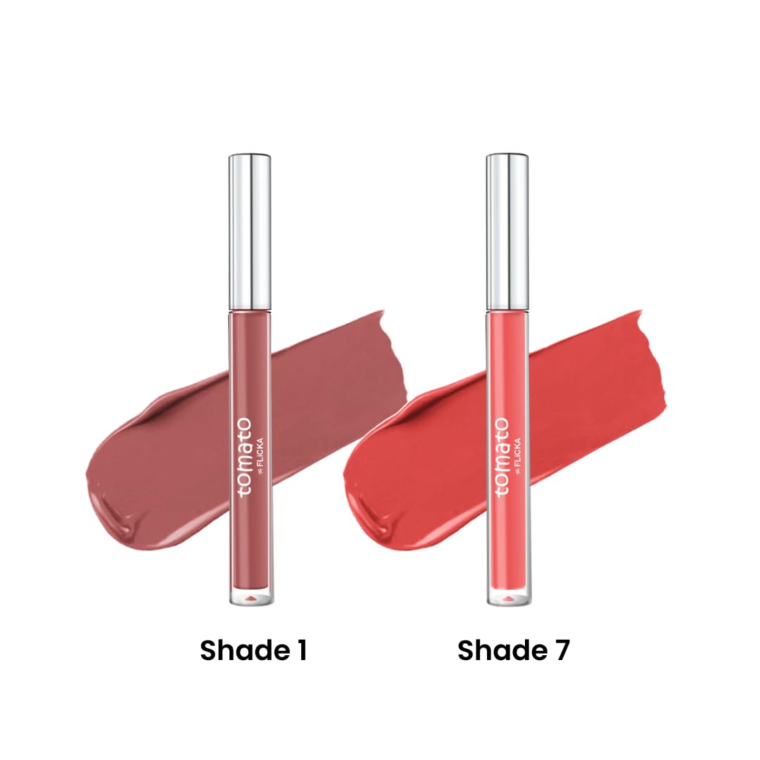 FLiCKA Tomato Liquid Matte Lipstick Transfer Proof, Smudge Proof, Non-Sticky, Creamy Lightweight, Shade 1 & Shade 7 Combo pack