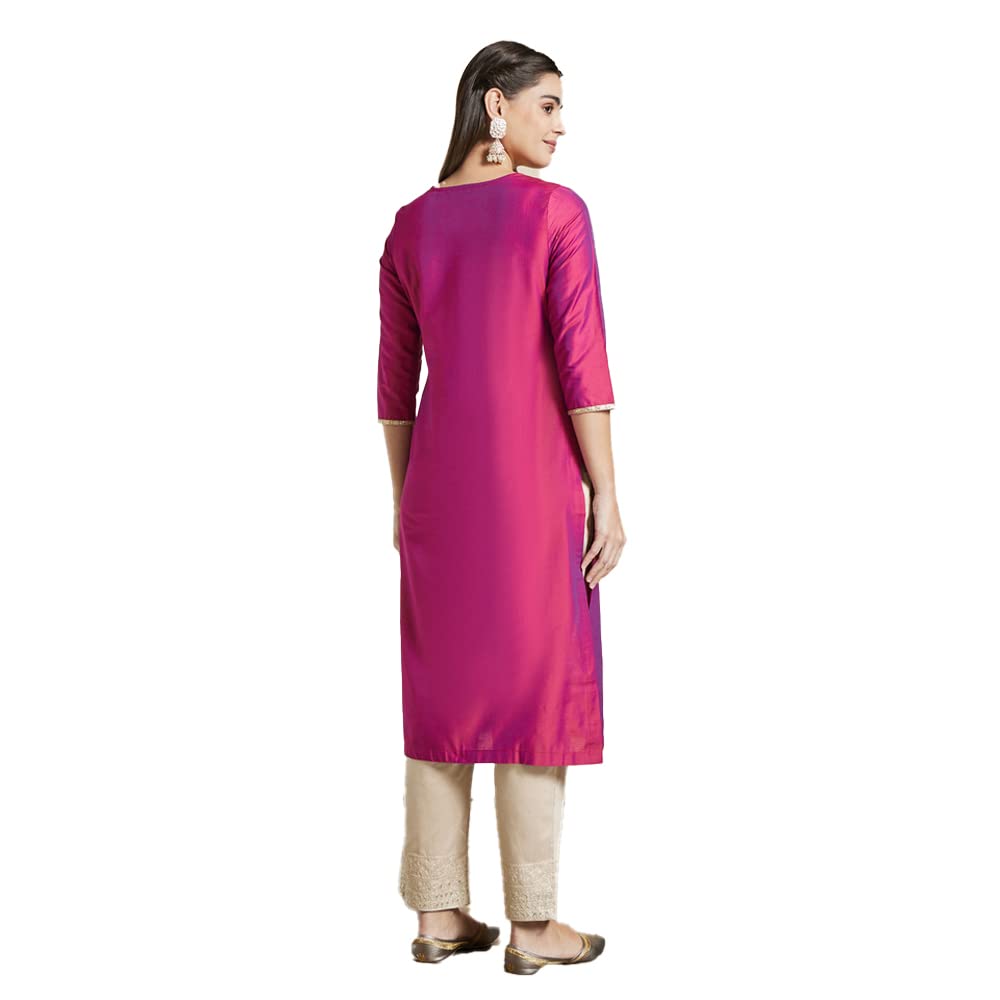 Kashish Women's  Viscose Embroidered Round Neck Straight Fit Kurta