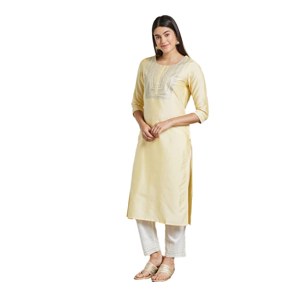 Kashish Women's  Viscose Embroidered Round Neck Straight Fit Kurta