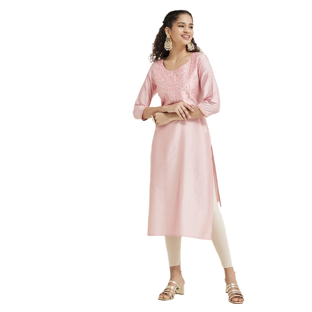 Kashish Women's  Viscose Embroidered Round Neck Straight Fit Kurta