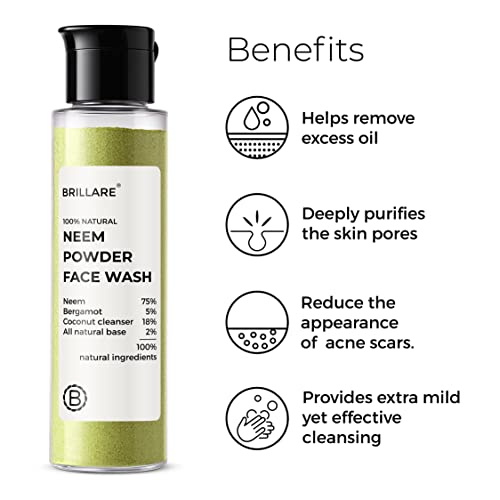 Brillare Neem Face Wash for Acne & Pimples, Rich with Bergamot for Clear Skin, 100% Natural Powder Facewash Fights with Acne-Causing Agents, Clear Skin from Dirt & Pollution, 30g