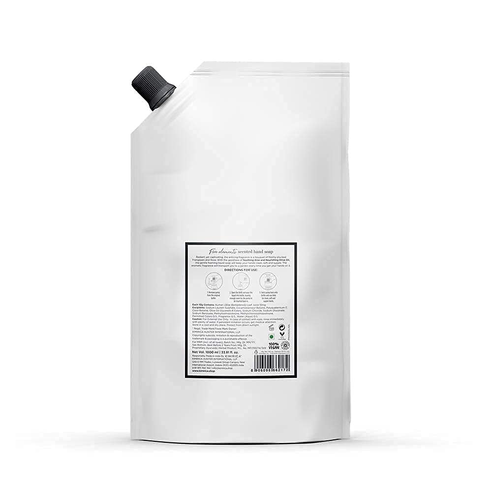 Kimirica Bouquet Foaming Liquid Hand Wash Refill Pack with Goodness of Frangipani and Rose, 100% Vegan & Paraben Free Moisturizing Hand Wash | Soft on Hands (1L)