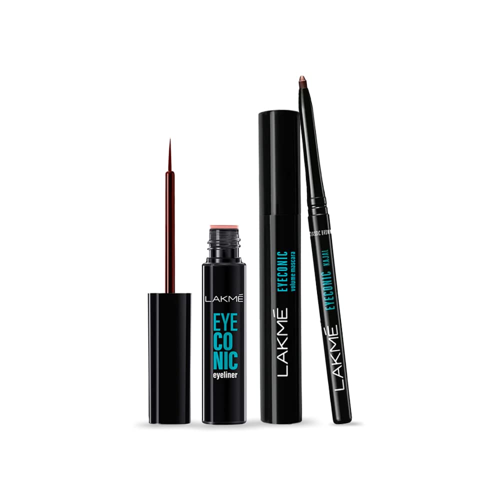 Lakmé 9To5 Eyeconic Trio|Set Of 3 - Liquid Eyeiner 8.5Ml,Matte Kajal,Classic Brown,Kohl Liner In Twist Up Pencil - Waterproof,Smudge Proof & Long Lasting,0.35 G And Waterproof,Volume Mascara,8.5Ml