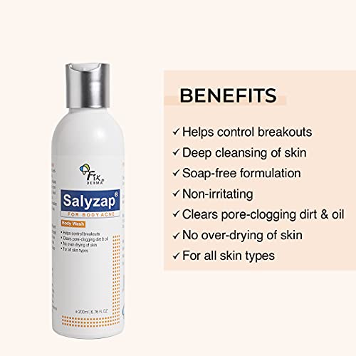Fixderma Salyzap 2% Salicylic Acid Body Wash For Acne | Exfoliating Bodywash | Anti Acne Body Wash on Back & Arms for Acne Prone Skin | Helps in Control Brekouts, Unclogs Pores - 200ml