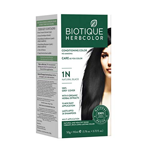 Biotique Herbcolor Conditioning Hair Colour l Ammonia Free Hair Color l 9 Organic Herbal Extracts l Natural and Healthy Shine l 50g + 110ml| Natural Black 1N (Pack of 1)