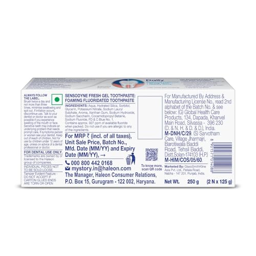 Sensodyne Toothpaste Fresh Gel, Sensitive tooth paste for daily sensitivity protection, 2 X 125gm Duo Pack