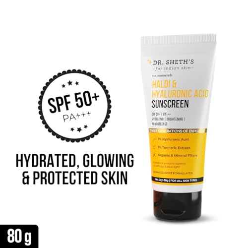 Dr. Sheth's Haldi & Hyaluronic Acid Sunscreen with 1% Hyaluronic Acid | Spf 50+ Pa+++ | Protects Against UVA/B & Blue Light | Hydrating & Brightening | For Men & Women | For All Skin Type | 80 g