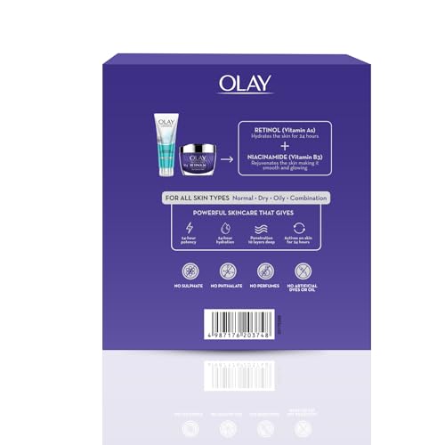 Olay Retinol Kit For Overnight Repair|Retinol Cream With Free Cleanser|Plumper, Younger Looking Skin|24H Hydration|Fragrance Free|Normal, Oily, Dry,Combination Skin|Paraben & Sulphate Free|Pack Of 2