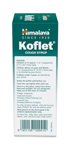 Himalaya Kolfet Cough Syrup 100 ml + 6 Koflet lozenges Free Herbal| Non-Drowsy Formula| 25% Honey| Wet & Dry Cough | Sore throat | Irritation