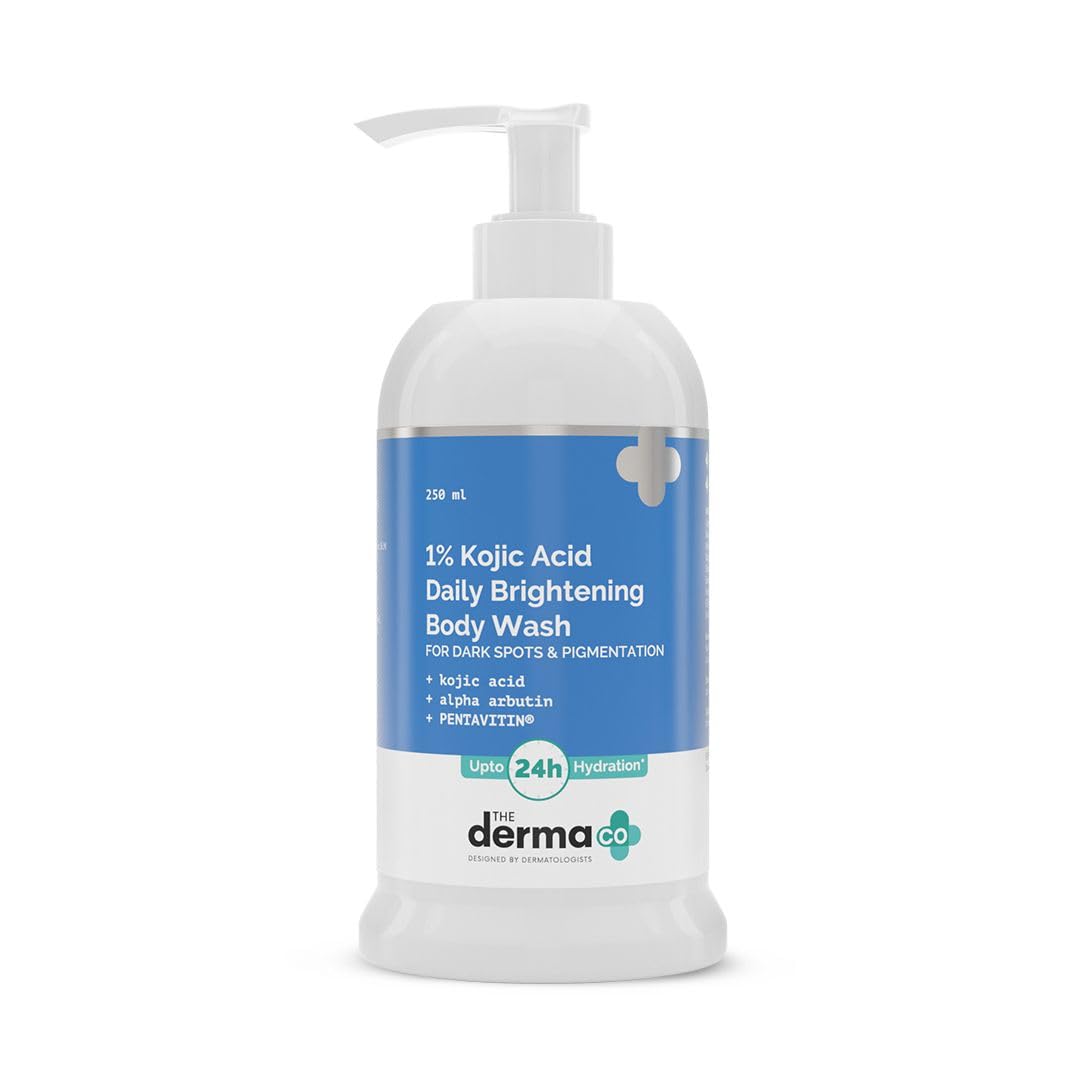 The Derma Co 1% Kojic Acid Daily Brightening Body Wash|With Alpha Arbutin|Reduces Dark Spots,Pigmentation & Blemishes|Up to 24 Hour Hydration|Cleanses & Brightens Skin|For All Skin Types|250 ml