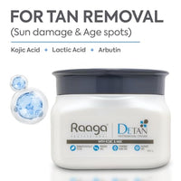 Raaga Professional De-Tan Pack with Kojic, Lactic Acid & Arbutin | Tan Removal Cream | Dermatologically Tested, Peroxide, Hydroquinone & Sulphate Free Face Pack- 500g