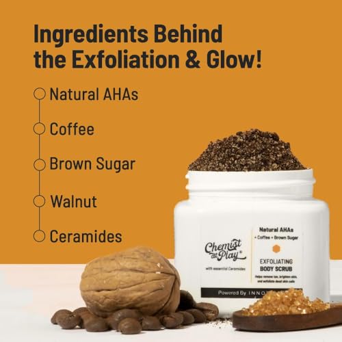 Chemist at Play Exfoliating Body Scrub For Removing Tan & Dead Skin Cells + Gentle Exfoliating Face Scrub with Mandelic Acid & Walnuts | Removes Dead Skin & Blackheads | For Smooth, Soft & Bright Skin | Natural AHAs | 75g + 100ml