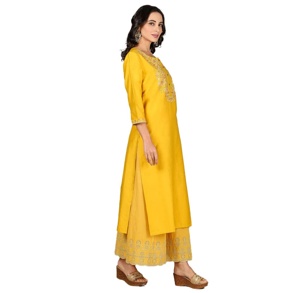 Kashish Women's  Viscose Embroidered Round Neck Straight Fit Kurta