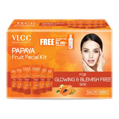 VLCC Papaya Fruit Facial Kit with FREE Rose Water Toner - 300g + 100ml | Glowing, Blemish Free Skin | With Papaya, Cucumber, Peach & Orange Peel Extracts | Glowing at Home Facial Kit.