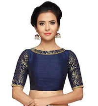 X3 Women's  Brocade And Silk Readymade Saree Blouse With Boat Neck And Elbow Length Sleeves Navy Blue 36