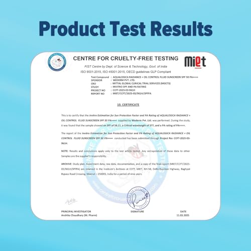 Aqualogica Radiance+ Oil Control Fluid Sunscreen for Oily Skin - 50 g | Ultra-Light Fluid Texture | SPF 50+ PA++++ UVA & UVB Protection | Oil Free | Controls Excess Oil | Non Greasy | No White Cast | For Men & Women