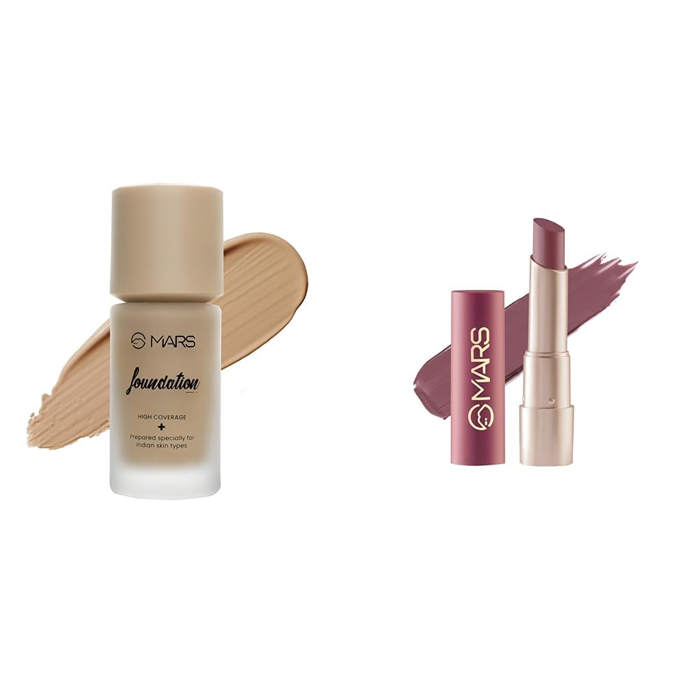 MARS High Coverage Liquid Matte Foundation | Blemish Free & Blendable Foundation For Makeup (40Ml) (Shade-05, All) Creamy Matte Long Lasting Lipstick for Women (3.2 gm) (20-Grapeful Ghoomar)