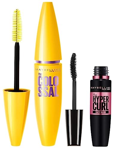 Maybelline New York Hypercurl Mascara Washable, Black, 9.2ml & Maybelline New York Volume Express Colossal Mascara, Washable, Glam Black, 10.7ml