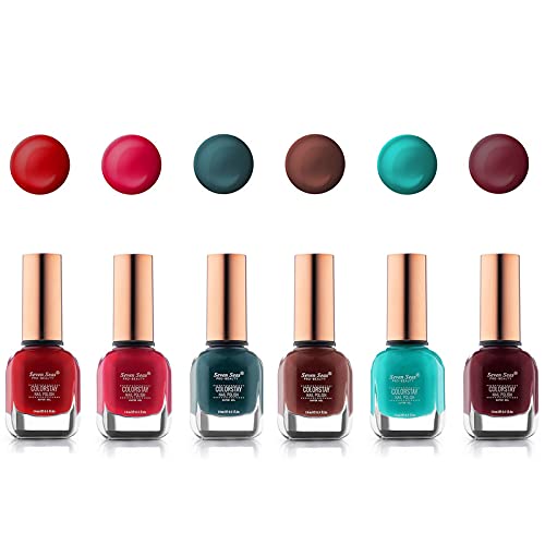 Seven Seas Colorstay & Long Lasting Nail Paint -Multicolor (Set of 6) Spectra,Brown,Blue,Wine Berry,Claret,Stiletto) Each 14ml