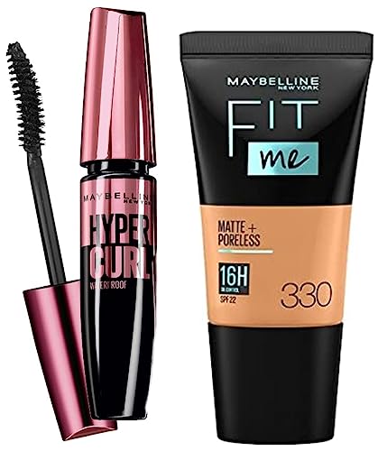 Maybelline New York Fit Me Matte+Poreless Liquid Foundation Tube, 330 Toffee, 18ml and Maybelline New York Hypercurl Mascara Waterproof, Black, 9.2ml