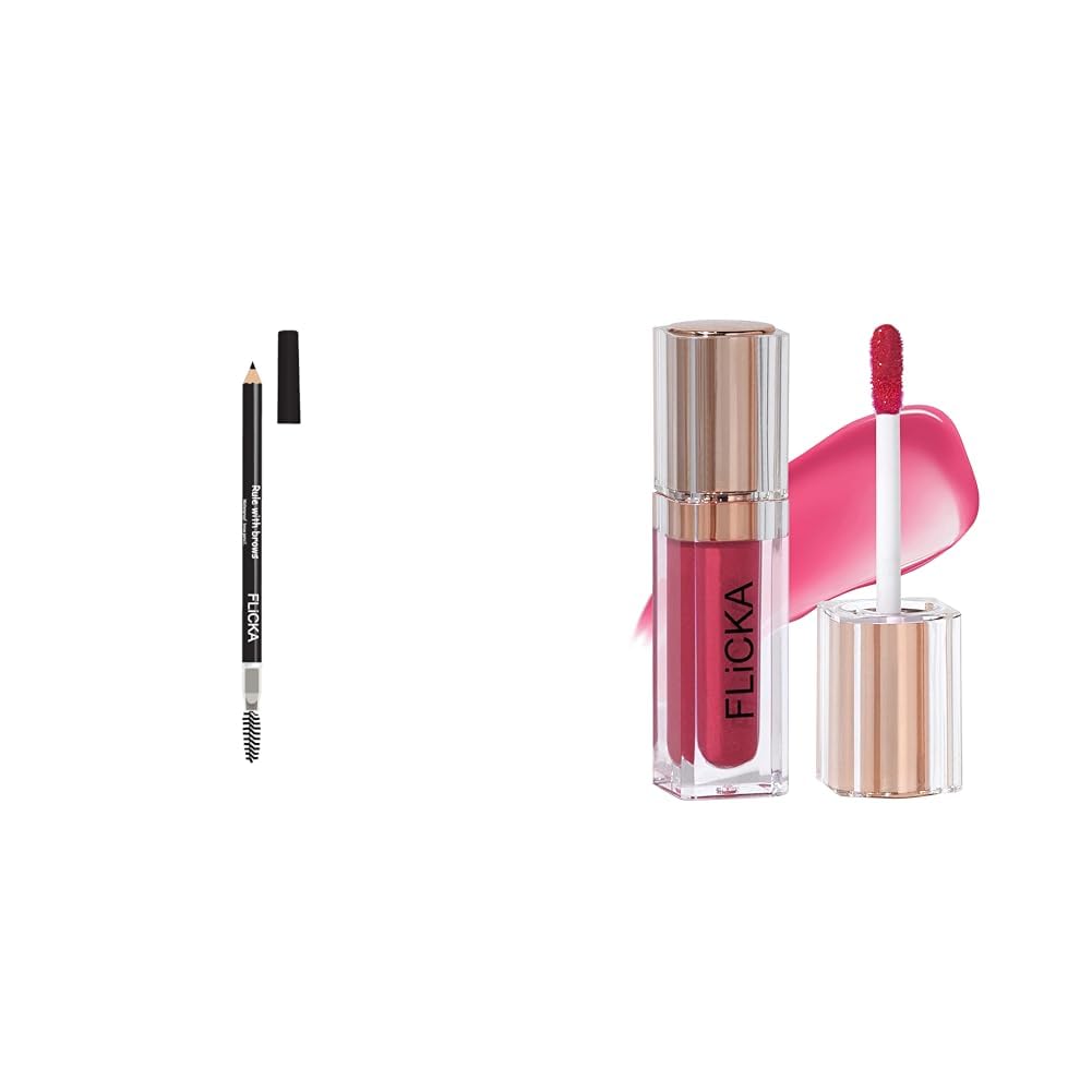 FLiCKA Rule With Brows Eyebrow Pencil, With Spoolie, Longlasting and Naturallooking Results, Define & Blend Brow Pencil, Black, 1.2g Shimmery Affair Lip Gloss 6 Gin Baby Pink 5ml