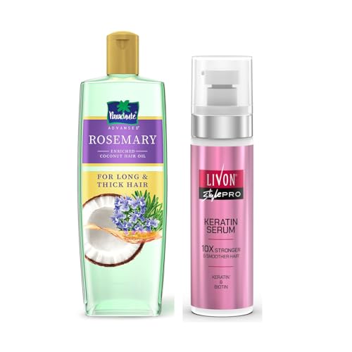 Parachute Advansed Rosemary enriched Coconut Hair Oil 300ml & Livon Style Pro Keratin Hair Serum 100ml, Pack of 2