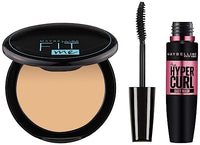 Maybelline New York Hypercurl Mascara Washable, Black, 9.2g & Maybelline New York Compact Powder, With SPF to Protect Skin from Sun, Absorbs Oil, Fit Me, 128 Warm Nude, 8g