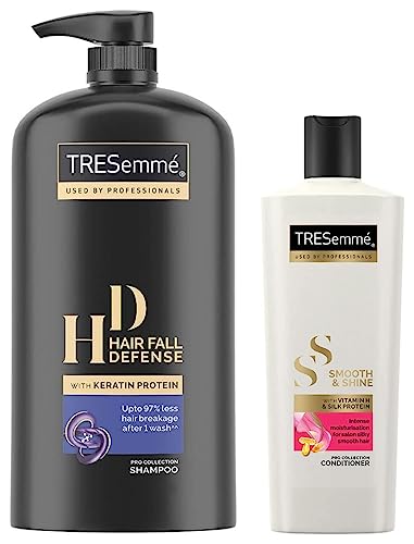 Tresemme Hair Fall Defence Shampoo, With Keratin Protein, Upto 97% Less Hair Breakage, 1 Ltr & TRESemme Smooth & Shine Conditioner 335 ml