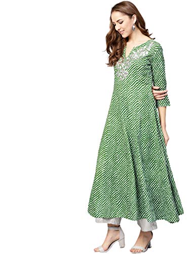 YUFTA Women Green & White Lehariya Print A-Line Kurta