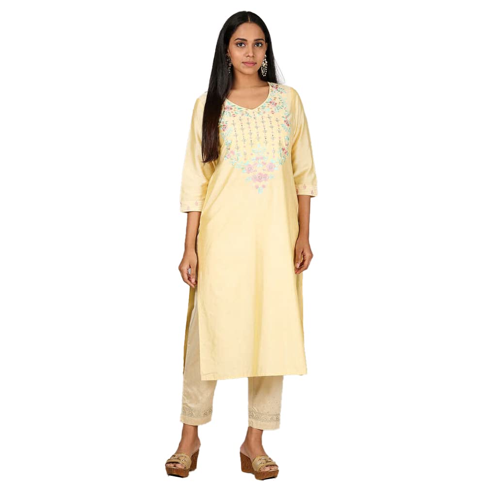 Kashish Women's  Viscose Embroidered Round Neck Straight Fit Kurta