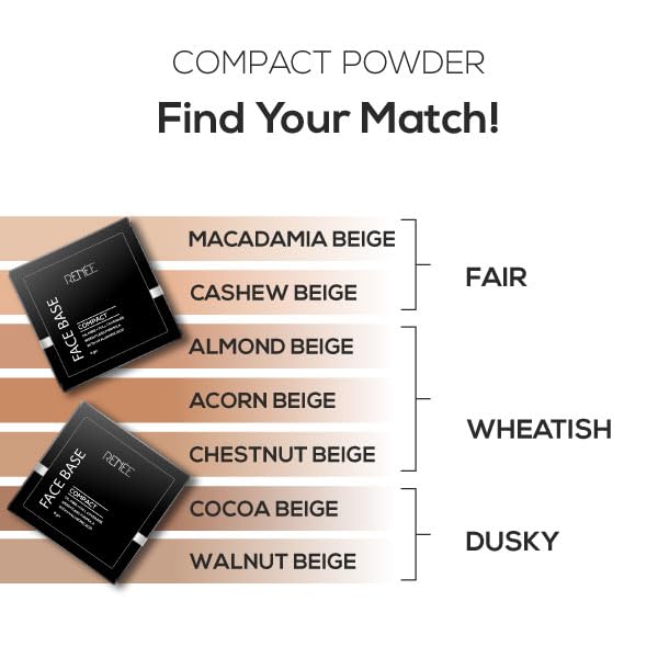 RENEE Face Base Compact Powder Cashew Beige 9gm, Enriched With Hyaluronic Acid & Vitamin E, Long - Lasting, Easy Blend, Matte Finish, for All Skin Types