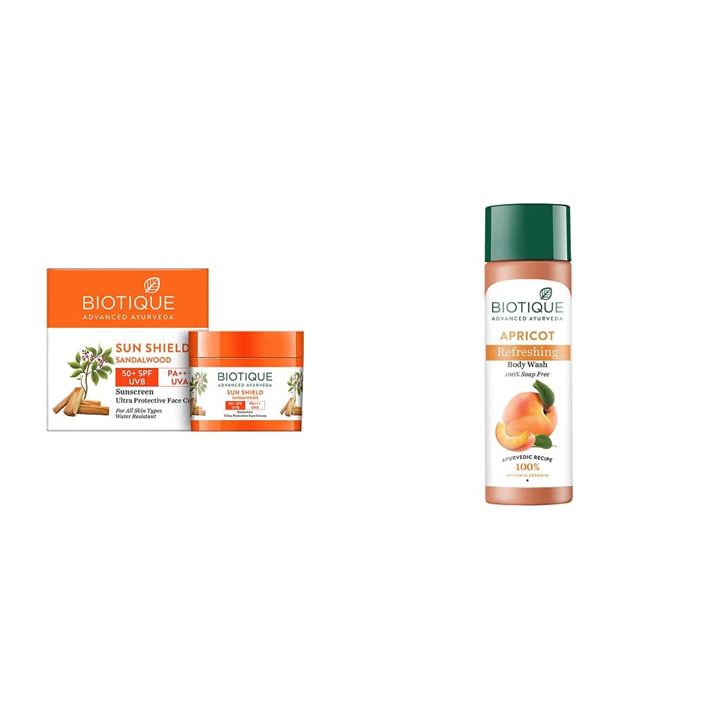Biotique Bio Sandalwood Sunscreen Ultra Soothing Face Lotion, SPF 50+, 50ml And Biotique Bio Apricot Refreshing Body Wash, 190ml
