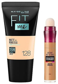 Maybelline New York Instant Age Rewind Medium Concealer, Caramel, 6Ml And New York Fit Me Matte+Poreless Liquid Foundation Tube,Oily Skin, 128 Warm Nude, 18Ml, 2 count