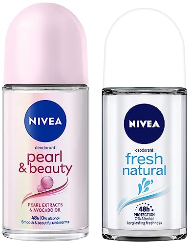 Nivea Deodorant Roll On, Fresh Natural for Unisex, 50ml And Deodorant Roll On, Pearl & Beauty for Unisex, 50ml