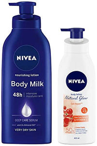 NIVEA Body Lotion for Very Dry Skin, Nourishing Body Milk 600 ml & NIVEA Body Lotion Natural Glow, Cell Repair, SPF 15 & 50x Vitamin C 400 ml