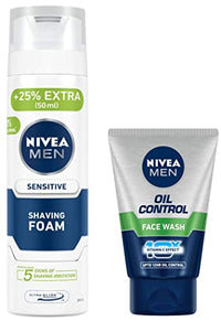 NIVEA MEN Shaving, Sensitive Shaving Foam, 250ml & NIVEA Men Face Wash for Oily Skin, Oil Control for 12hr Oil Control with 10x Vitamin C Effect, 100 g