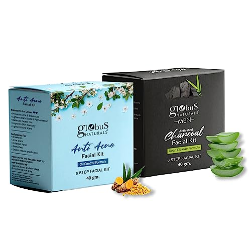 Globus Naturals Facial Kit Combo-Oil Control Anti Acne & Deep Cleansing Charcoal Men Facial Kit, For All Skin Types