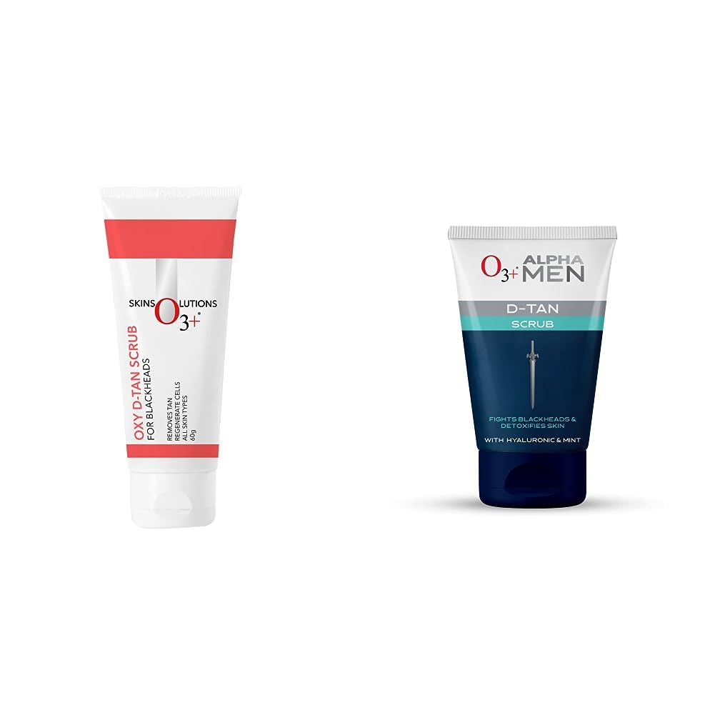 O3+ Oxy D-Tan Scrub 60g for Blackheads & Glowing Skin & O3+ ALPHA MEN Acno D-TAN Scrub With Hyaluronic & Mint 50g - Detan Scrub for TAN removal Combo