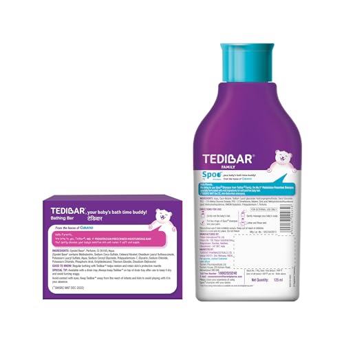 Tedibar Moisturising Baby Bathing Bar 75gx2 (Pack of 1) + Spoo Gentle Baby Shampoo 125ml No Tears - By Torrent Pharma