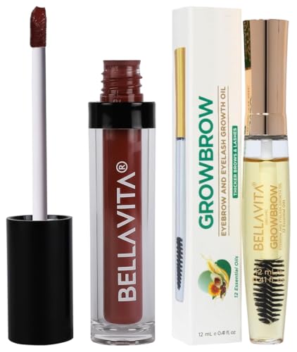 Bella Vita Organic Kiss-Proof Liquid Lipstick | 4.5 ml | Mocha Madness Growbrow - Eyelash, Lashes & Eyebrows Hair Growth & Volume Serum With Castor, Onion Oil & Vitamin E, 12 ML