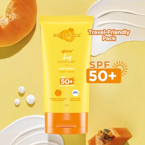 Aqualogica Glow+ Dewy Sunscreen SPF 50 PA++++ with Papaya & Vitamin C | For Dry, Sensitive, Oily & Combination Skin | UVA/B & Blue Light Protection | Travel Friendly | For Men & Women | 30g