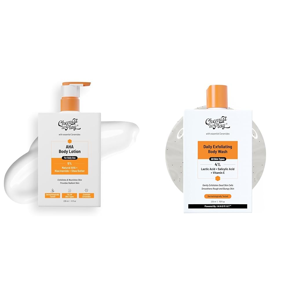 Chemist At Play AHA Body Lotion with 5% Natural AHA, 236ml + 1% Salicylic Acid Exfoliating Body Wash 236ml + For Men & Women