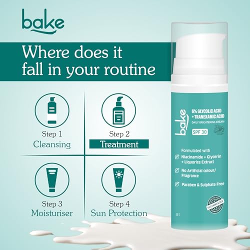 BAKE 6% Glycolic Acid Cream SPF 30 PA+++ with Niacinamide for Pigmentation, Dark Spots & Tan Removal | Daily Brightening Cream | Improves Uneven Skin Tone & Reduces Sun Damage | For Men & Women | 30g