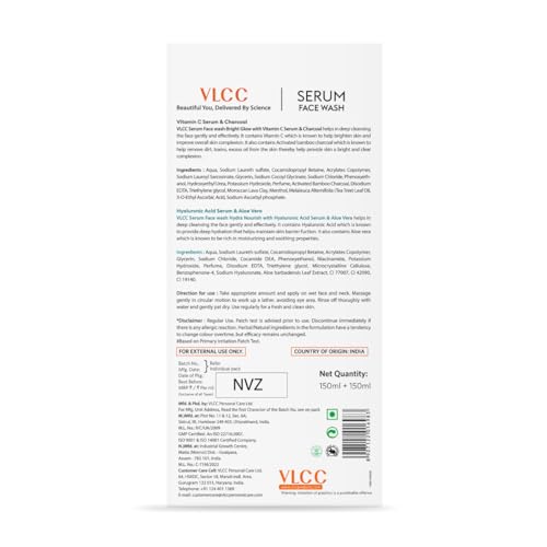 VLCC Vitamin C & Charcoal Serum Facewash - 150 ml for Oil Control & Brightening for AM | with Free Hyaluronic Acid & Aloe Vera Serum Facewash - 150 ml to Strengthen Skin Barrier for PM (B1G1)