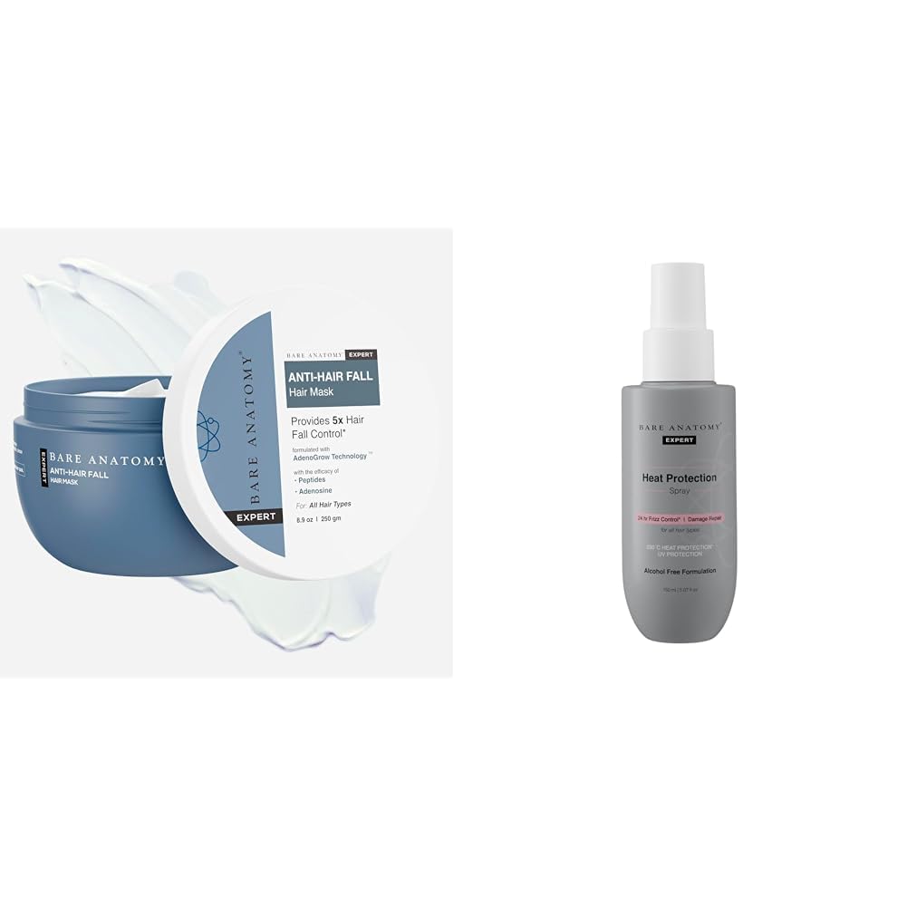 Bare Anatomy Anti-Hair Fall Mask Enriched with Adenosine and Peptides | 250 ml Heat Protection Spray Serum For Women & Men | Vegan |230 掳C Heat Protection 150 ml