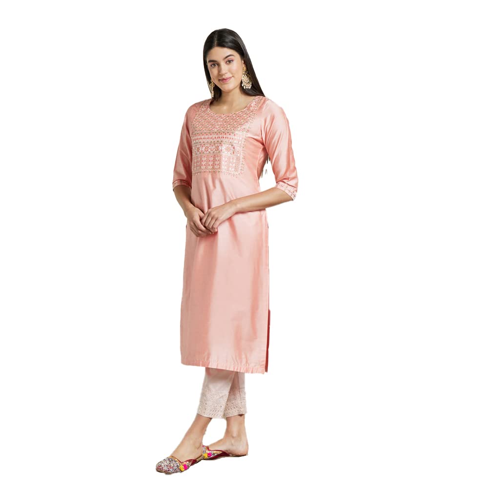 Kashish Women's  Viscose Embroidered Round Neck Straight Fit Kurta