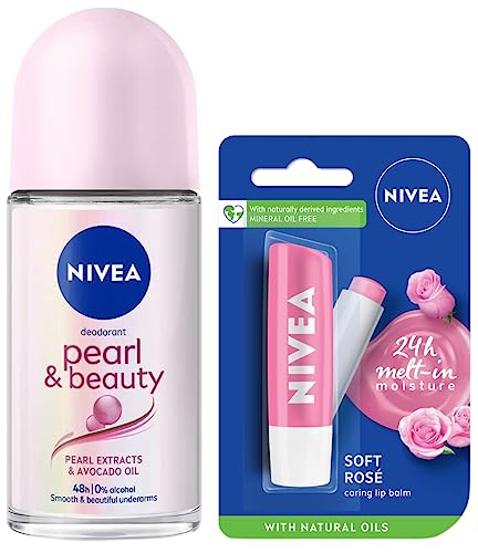 Nivea Deodorant Roll On, Pearl & Beauty for Women, 50ml And Lip Balm, Soft Rose for Women, 4.8g