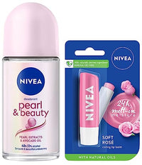 Nivea Deodorant Roll On, Pearl & Beauty for Women, 50ml And Lip Balm, Soft Rose for Women, 4.8g