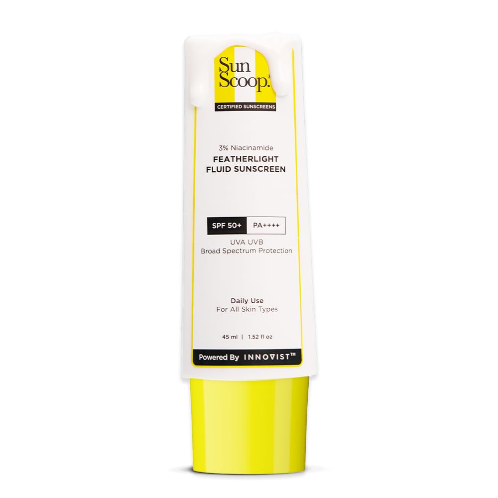 SunScoop 3% Niacinamide Fluid Sunscreen | Ultra-Light Texture | SPF 50+ PA++++| Fast Absorption, Prevents Tanning & Sunburn | 8 Hrs+ SPF Protection, for Oily Skin & No White Cast | Reduces pigmentation | All SkinTypes | 45ml